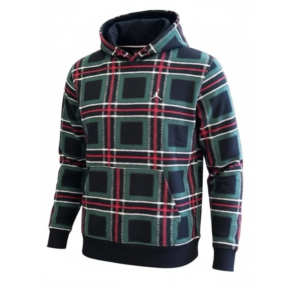 New NIKE Jordan‎ Essentials Green Red Plaid Fleece Pullover Hoodie Men's XXL
